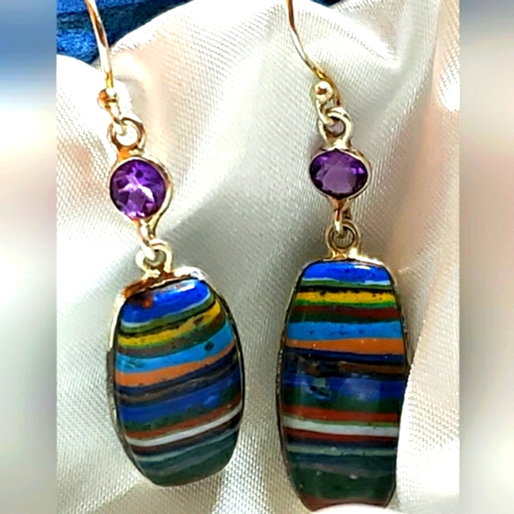 Botswana Agate Stone w Amethyst Gem Accent SS Earrings - Picture 4 of 5